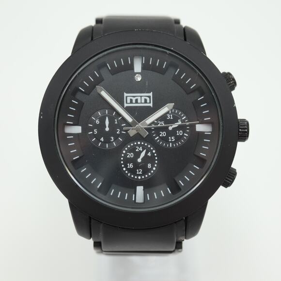 MN Black Mens Watch Faux Chrono 50mm Stainless Steel Bracelet with New Battery - Picture 5 of 16